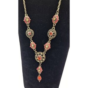 Vintage AVON signed NR victorian style "Y" necklace red rhinestones, brass 19"